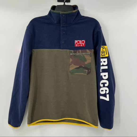 NWT Polo Men’s Large Ralph Lauren P-93 RLPC67 Camo Fleece Pullover Hi-Tech Olive - Picture 1 of 11